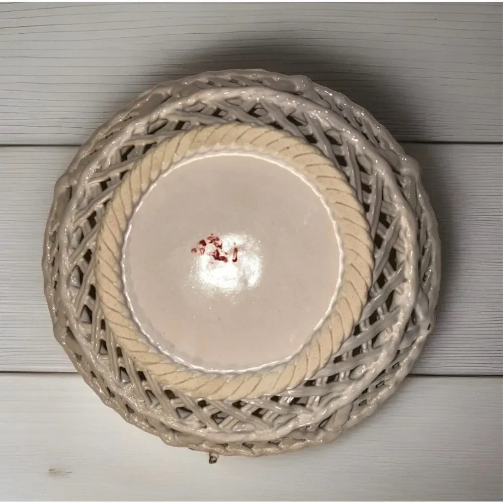 White Round Woven Latticed Ceramic Basket  Bowl Open Weave Set Of 2